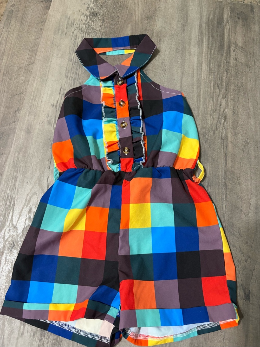 Colorblock Plaid Halter Romper with Ruffle Placket